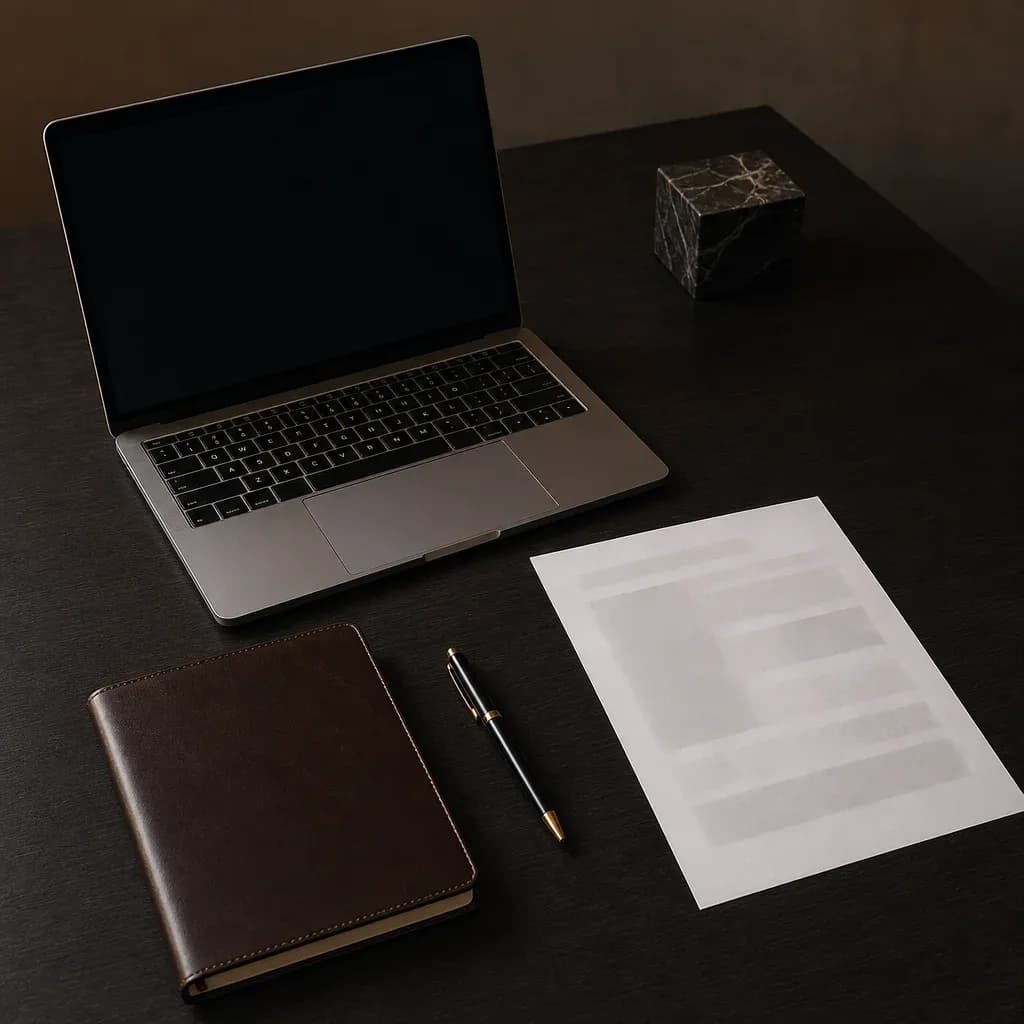 Laptop praznog ekrana, rokovnik i apstraktni dokument na tamnom drvenom stolu za pripremu elektronske prijave